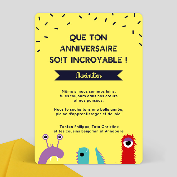 Carte anniversaire enfant Monstre Verso