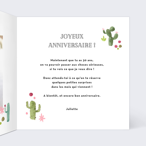 Carte anniversaire Cactus Intérieur Droit