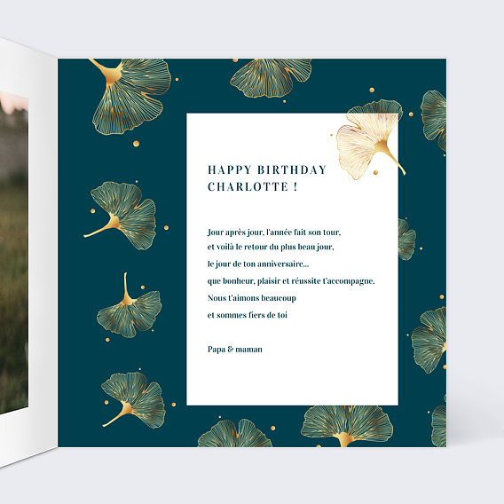 Carte anniversaire Délicats Ginkgos Intérieur Droit