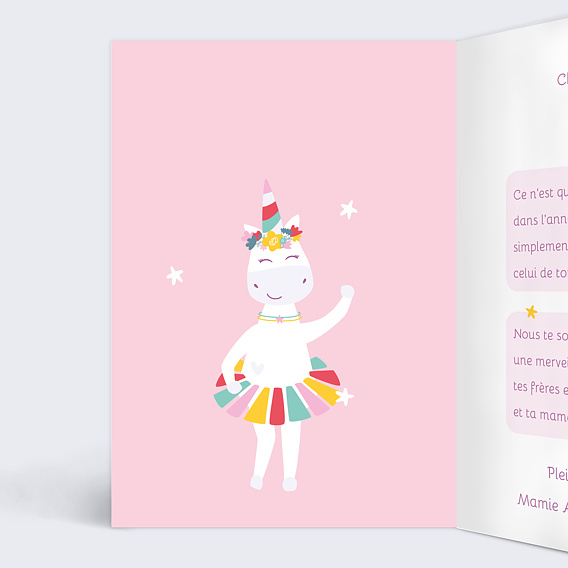 Carte anniversaire enfant Licorne Arc-en-ciel Photo Intérieur Gauche