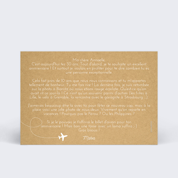 Carte anniversaire Voyage Verso