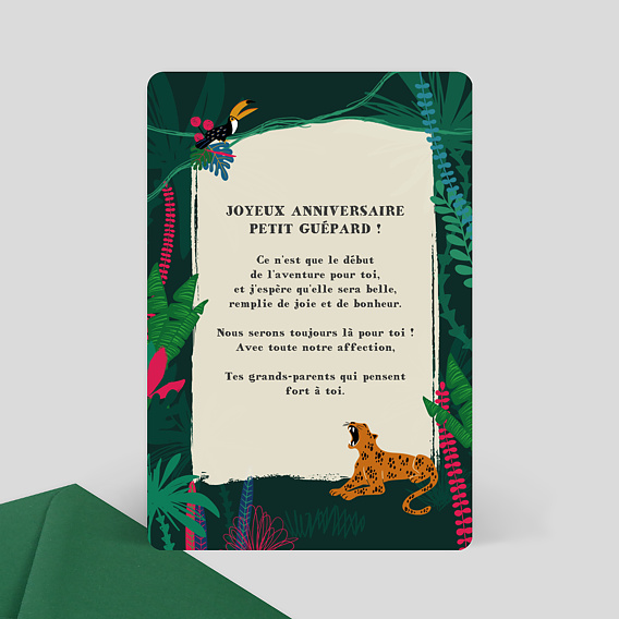 Carte anniversaire enfant Jungle Tropical Verso