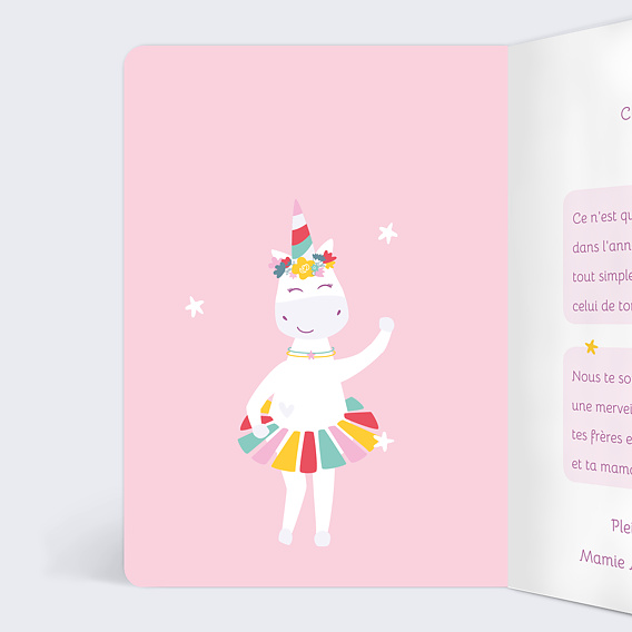 Carte anniversaire enfant Licorne Arc-en-ciel Intérieur Gauche