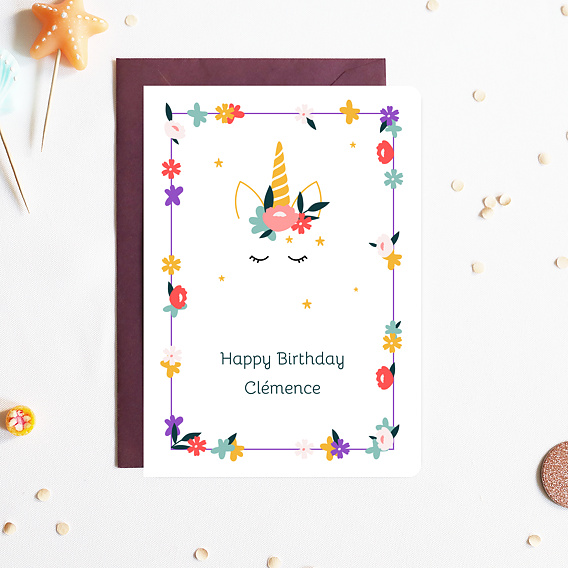 Carte Anniversaire enfant Licorne Fleurs