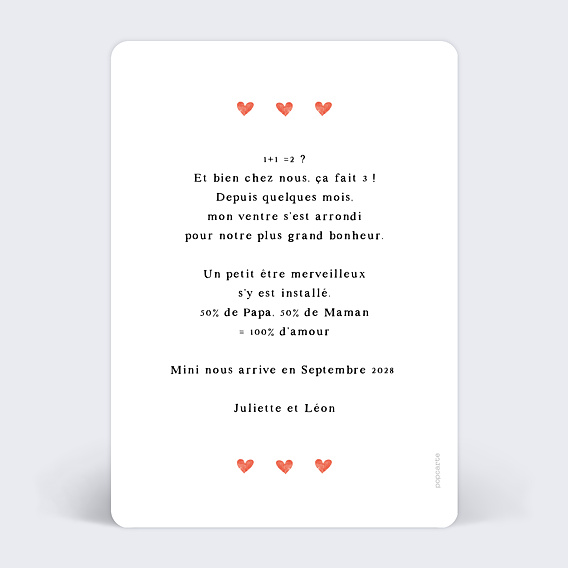 Carte annonce grossesse Motif Coeur Verso