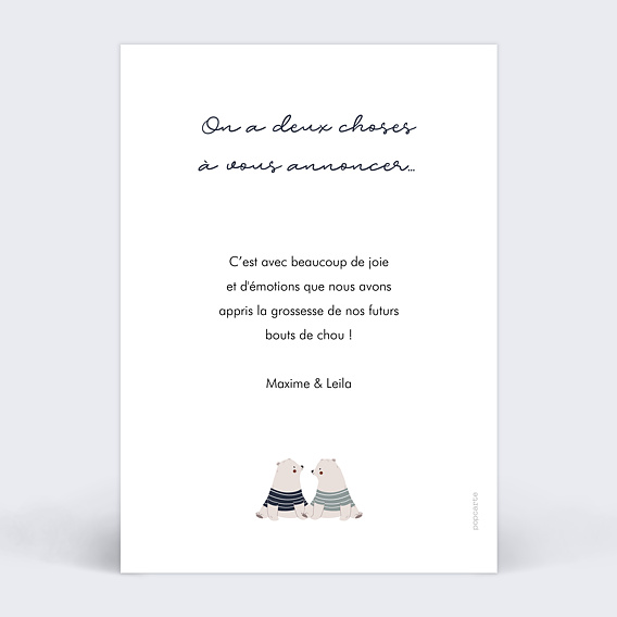 Carte annonce grossesse Jumeaux Oursons Verso