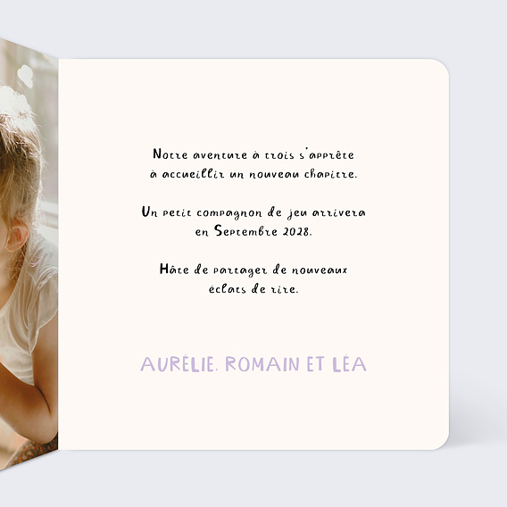 Carte annonce grossesse Dessin papa et maman fille Intérieur Droit