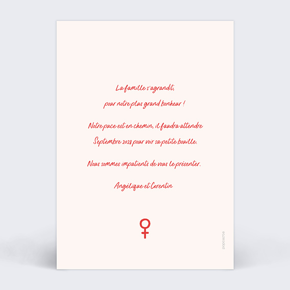 Carte annonce grossesse Gender Reveal Fille Verso