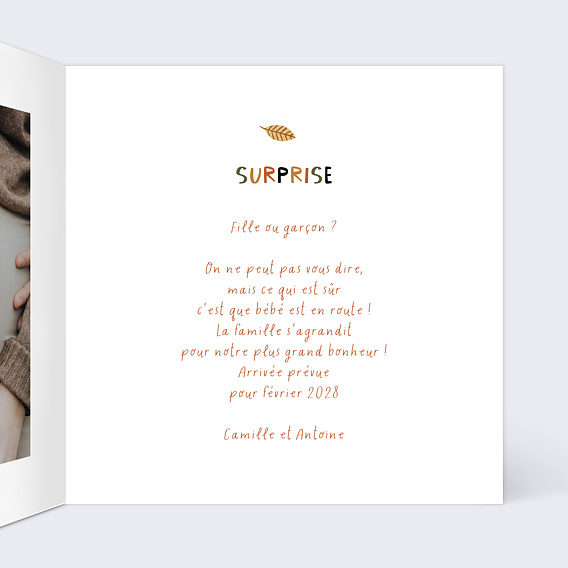 Carte annonce grossesse Renard automne Intérieur Droit