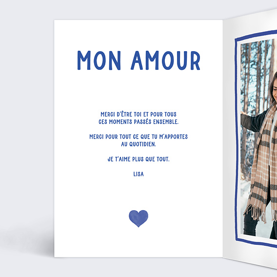 Carte d'amour Cœur simple photo bleu Intérieur Gauche