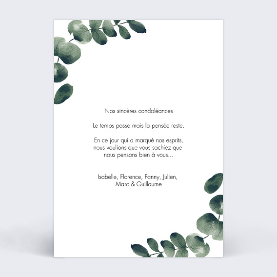 Carte de condoléances Branche d'Eucalyptus Verso