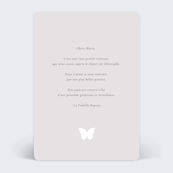 Carte de condoléances Envolée Papillon Verso