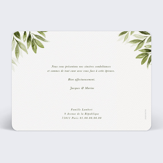 Carte de condoléances Lauriers Suspendus Verso
