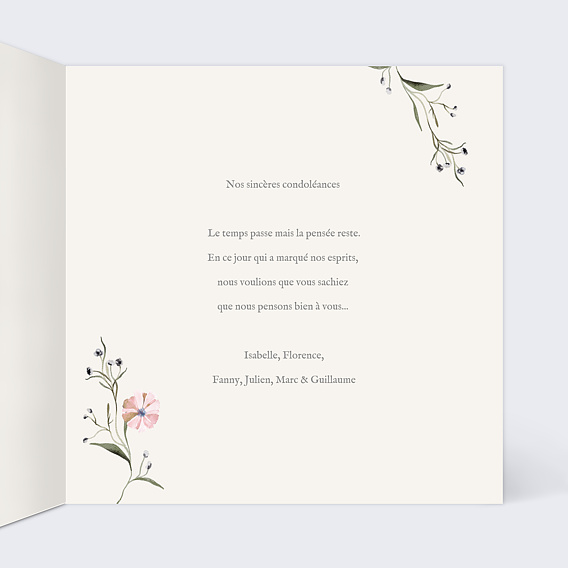 Carte de condoléances Cadre fleuri Intérieur Droit