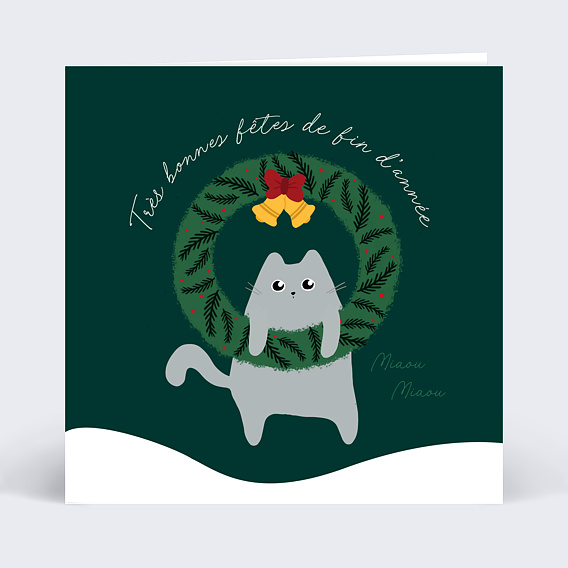 Carte de Noël  Chat et Couronne de Noël