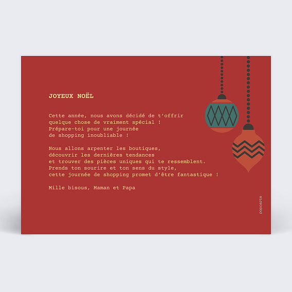 Carte de Noël  Bon pour shopping Verso