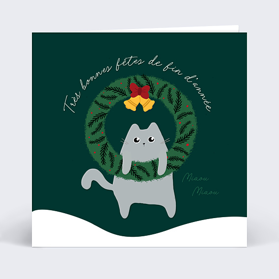 Carte de Noël Chat et Couronne de Noël