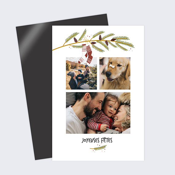 Carte de Noël  Chaussettes sur Branche de Houx