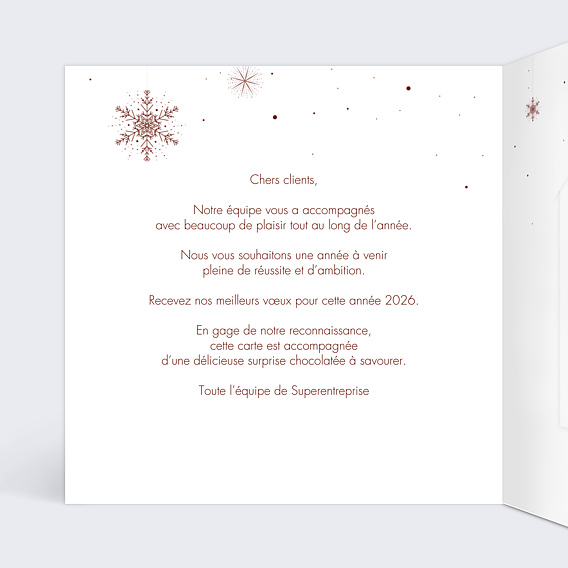 Carte de vœux entreprise Vœux enneigés rouge avec chocolat Intérieur Gauche