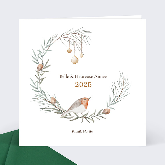 Carte de Voeux Meilleurs Voeux oiseaux Couronne de Noël