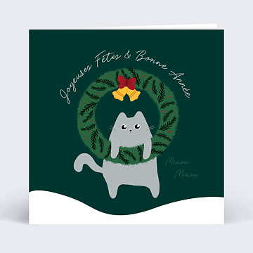 Carte de Voeux Particuliers Chat et Couronne de Noël