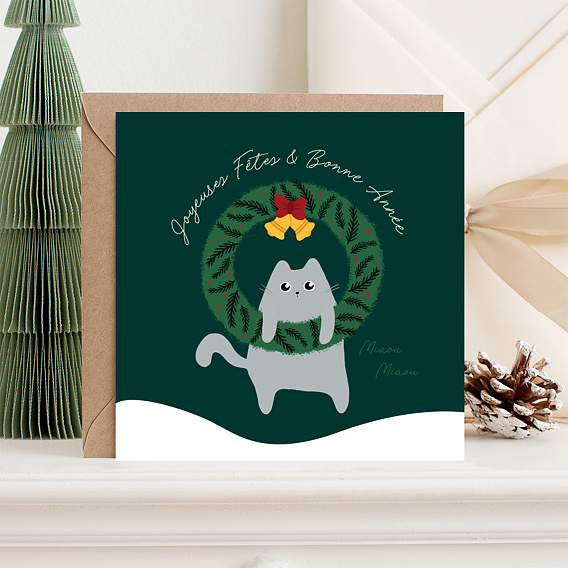 Carte de Voeux Chat et Couronne de Noël