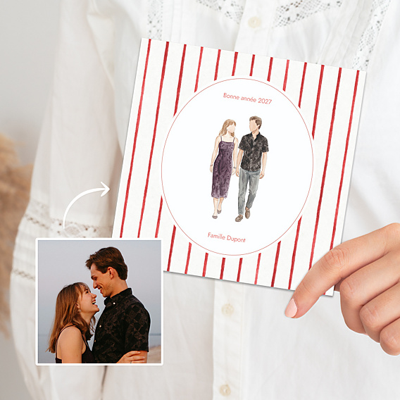 Carte de Voeux Particuliers Votre portrait en aquarelle aligné