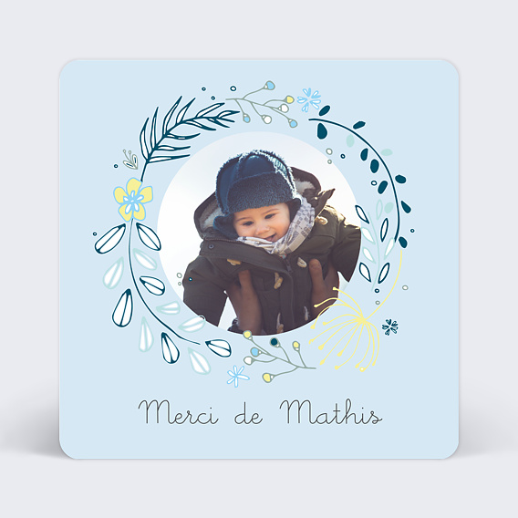 Carte de remerciement baptême couronne de fleurs
