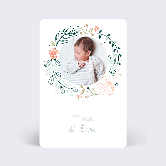 Carte remerciement baptême Couronne de fleurs blanc