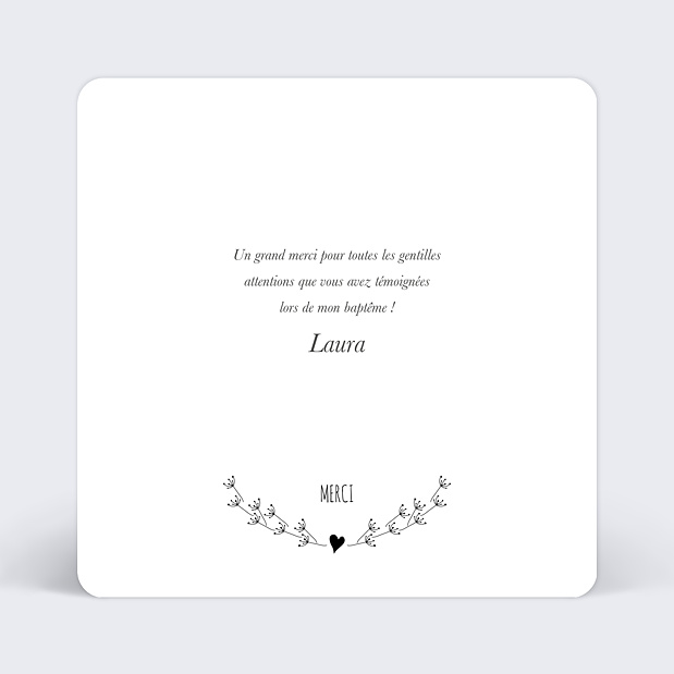 Carte de remerciement baptême coeur souligné Verso