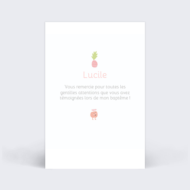 Carte de remerciement baptême fruits gourmands Verso