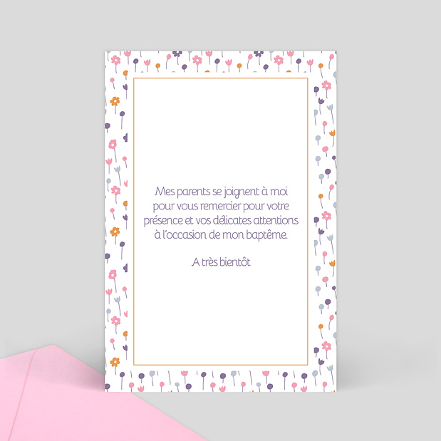Carte de remerciement baptême multi fleurs du matin Verso