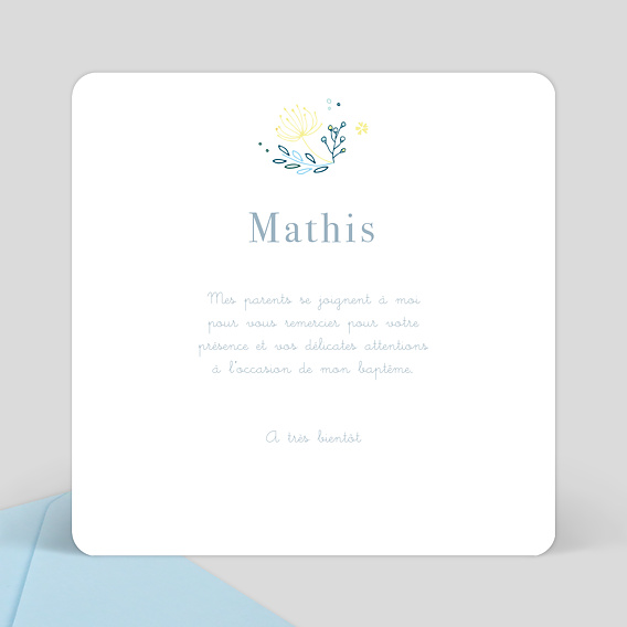 Carte remerciement baptême Ornement Floral Verso