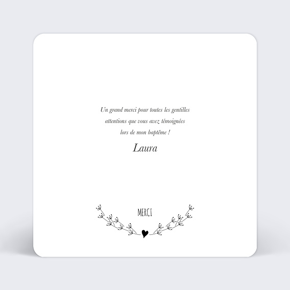 Carte remerciement baptême Coeur souligné Verso