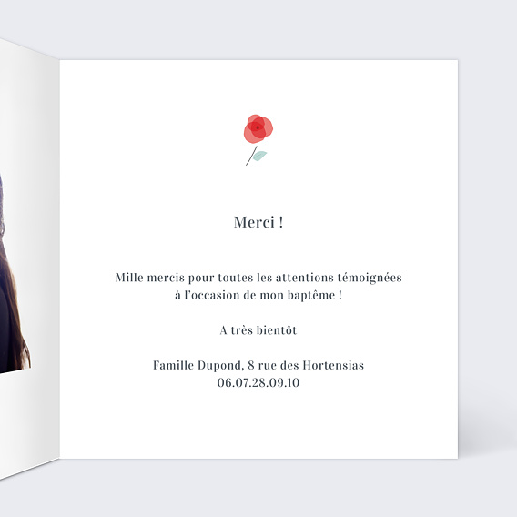 Carte remerciement baptême Croix fleurie Intérieur Droit