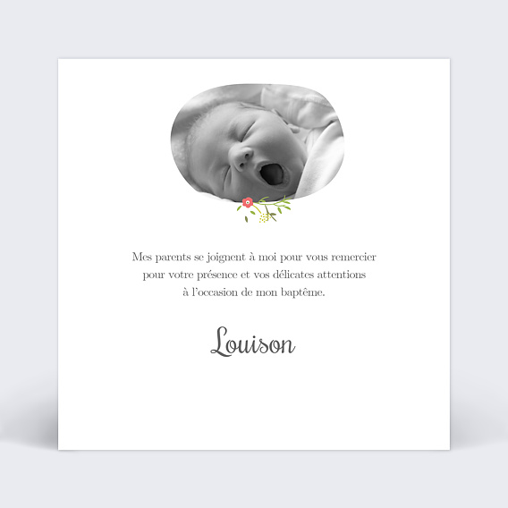Carte remerciement baptême Liberty Verso