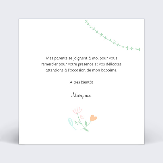 Carte remerciement baptême Fleurs des champs Verso