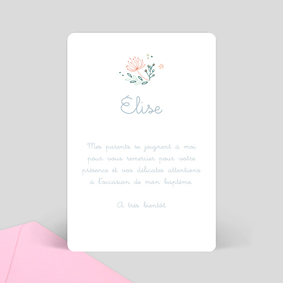 Carte remerciement baptême Couronne de fleurs blanc Verso