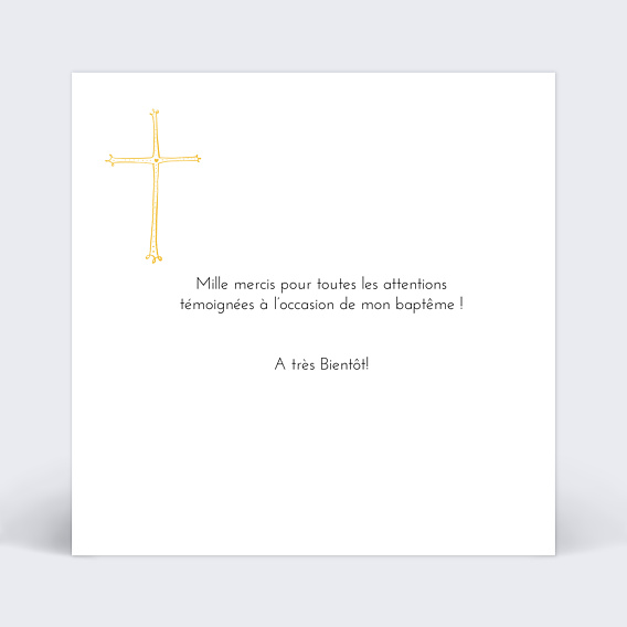 Carte remerciement baptême Croix d'or Verso