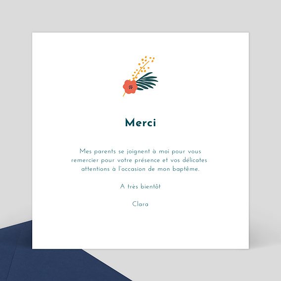 Carte remerciement baptême Palmiers colorés Verso