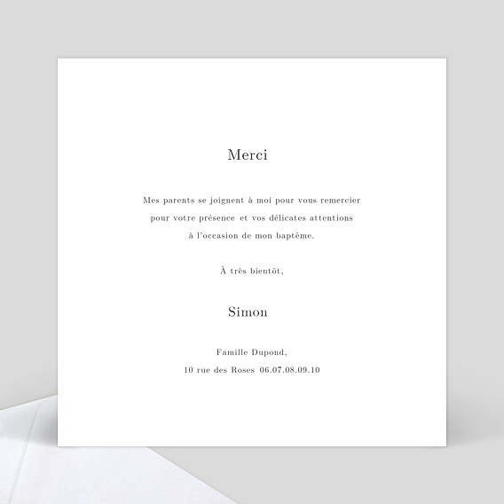 Carte remerciement baptême Noir et blanc Verso