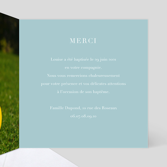Carte remerciement baptême Typographie Intérieur Droit