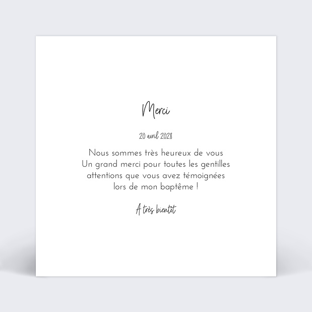 Carte de remerciement baptême jolies lettres Verso