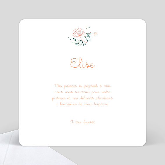 Carte remerciement baptême Couronne de fleurs rose Verso