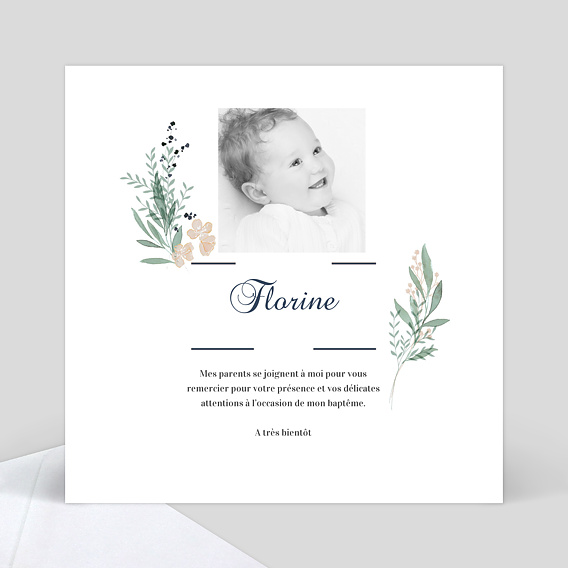 Carte remerciement baptême Couronne verdoyante Verso