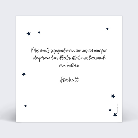 Carte remerciement baptême Etoiles marines Verso
