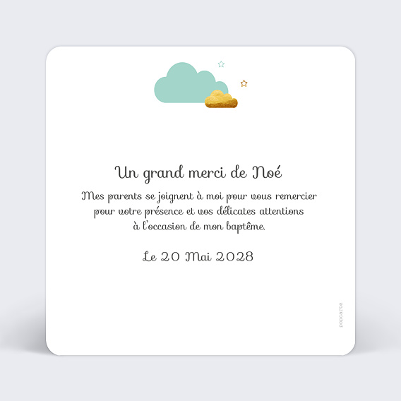 Carte remerciement baptême Jolis nuages Verso