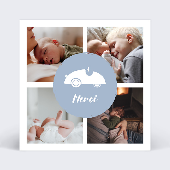 Carte remerciement baptême Voiture à pédales