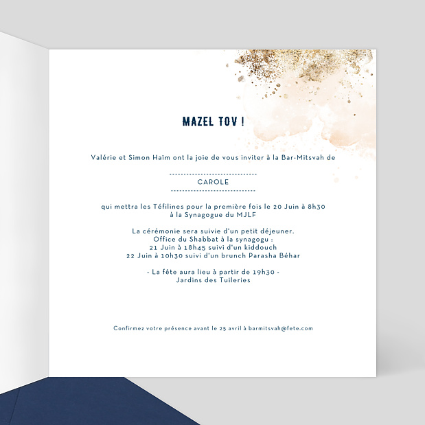 Invitation Bat Mitzvah Dorure Mystique Intérieur Droit