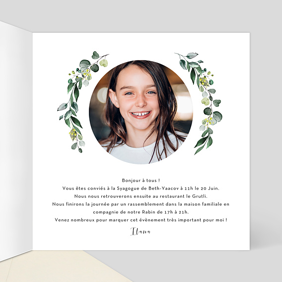 Faire-part bar mitzvah Découpe Eucalyptus Intérieur Droit